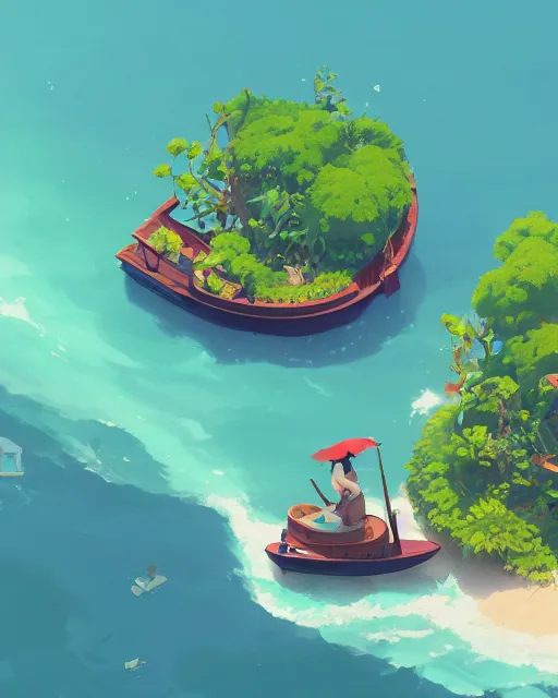 Image similar to small wooden boats around turtle shaped island, lush vegetation, azure water, glowing light, cory loftis, james gilleard, atey ghailan, makoto shinkai, goro fujita, studio ghibli, rim light, exquisite lighting, clear focus, very coherent, plain background, soft painting