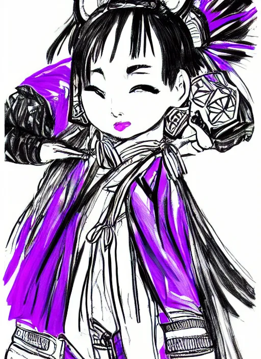 Prompt: ! dream a black and white rough sketch with slight purple tones of a girl wearing traditional clothing of a japanese miko in the harajuku style wearing yeezy 5 0 0 sneakers