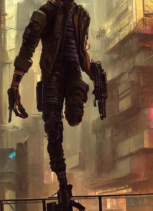 Image similar to Ezra. Cyberpunk mercenary in tactical gear climbing a security fence. rb6s, (Cyberpunk 2077), blade runner 2049, (matrix) Concept art by James Gurney, Craig Mullins and Alphonso Mucha. painting with Vivid color.