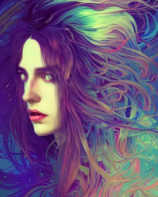 Image similar to glitch art close up portrait vampire, flowing hair, glitches, vaporwave, highly detailed, very intricate, graphical errors, art deco, neon glitch, chromatic aberration, harsh lighting, award - winning, unreal engine 5, illustration by mandy jurgens and alphonse mucha and alena aenami, glitch color palette, featured on artstation