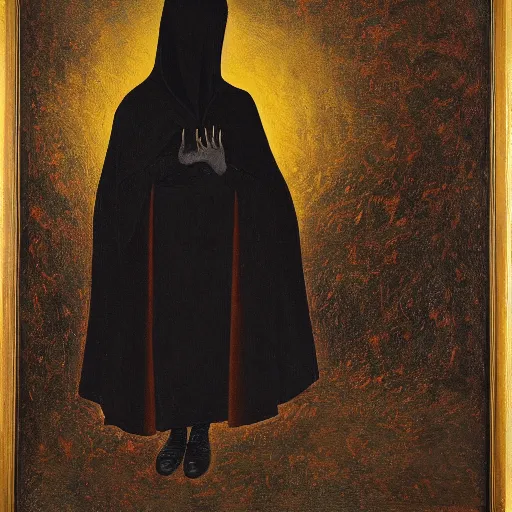 Image similar to A painting of a figure in a black hooded cloak, with a hidden face and a dark aura, in a gothic style.