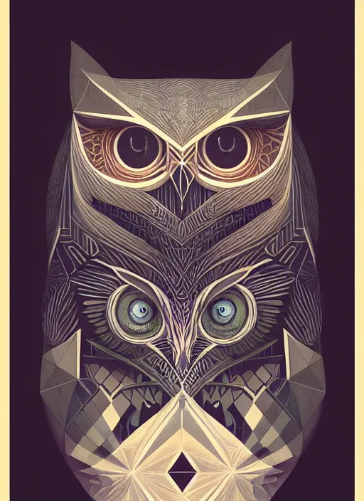 Image similar to portrait of a geometric owl, identical eyes, medium shot, illustration, full body made of white feathers, symmetrical, art stand, super detailed, cinematic lighting, and its detailed and intricate, gorgeous, by peter mohrbacher