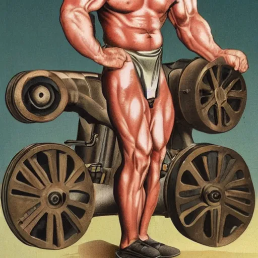 Image similar to a muscular bald man carrying engines on his back, technical diagram, diesel engine, gasoline engine, combustion engine