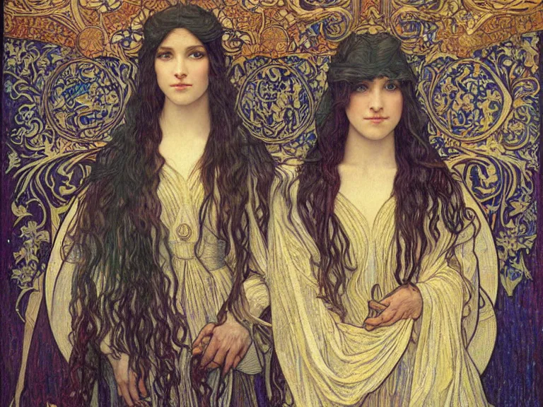 Image similar to detailed realistic beautiful young medieval queen face portrait by jean delville, alphonse mucha, vincent van gogh, and marco mazzoni, art nouveau, symbolist, visionary, gothic, pre - raphaelite