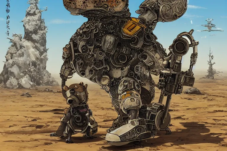 Image similar to anthropomorphic rodent with white and black ancestral ornate japanese tactical gear on an abandonment desert planet, high intricate details, long shot, rule of thirds, golden ratio, graphic novel by fiona staples and dustin nguyen, by beaststars and orange, peter elson, alan bean, studio ghibli, makoto shinkai