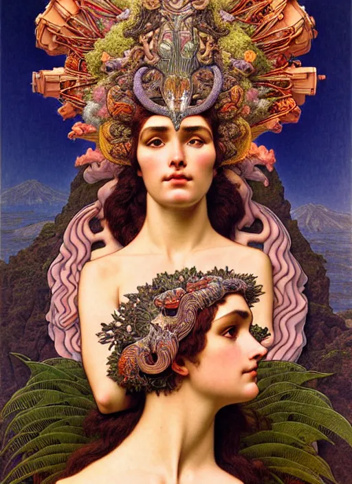 Image similar to hyperrealistic detailed face portrait of the beautiful goddess of the vulcanos with an intricate headgear of a beautiful erupting vulcano with landscape, art by ernst haeckel, john william godward, android jones, alphonso mucha, h. r. giger, gothic - cyberpunk, ornamental, dimmed pastel colours,