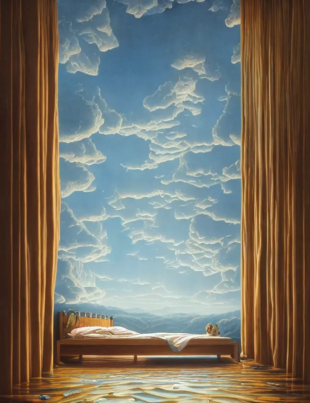 Prompt: a photo of a bed floating in the middle of an giant room with windows opening to eternity by casey weldon by thomas blackshear by lee madgwick, octane render, recursive, flowing, cascading, multiverse, labyrinthine
