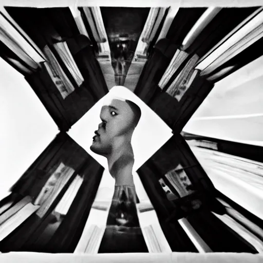 Prompt: recursive self portrait, black and white photograph