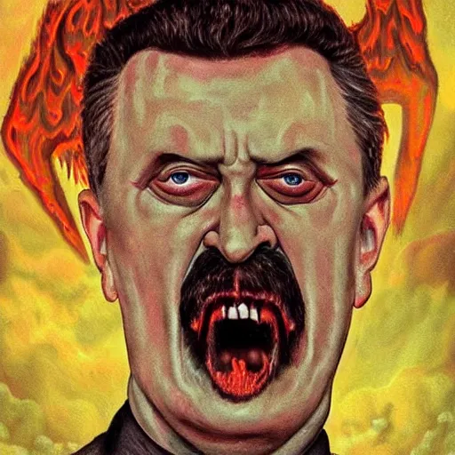 Image similar to igor ivanovich strelkov became an angry degraded satanic hellfire demonic abomination and calling for total mobilization, photo - realistic, color image, 2 k, highly detailed, bodyhorror, occult art