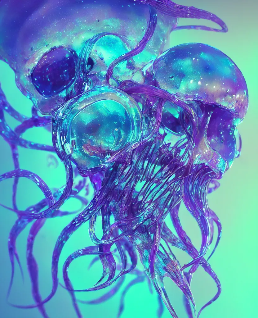 Image similar to close-up portrait of skull dichroic orchid jellyfish skull, betta fish, bioluminiscent creatures, intricate artwork by Tooth Wu and wlop and beeple. octane render, trending on artstation, greg rutkowski very coherent symmetrical artwork. cinematic, hyper realism, high detail, octane render, 8k