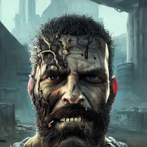 Image similar to portrait painting of a post apocalyptic man, bald, black beard, handsome, ultra realistic, concept art, intricate details, eerie, highly detailed, fallout, wasteland, photorealistic, octane render, 8 k, unreal engine 5. art by artgerm and greg rutkowski and alphonse mucha