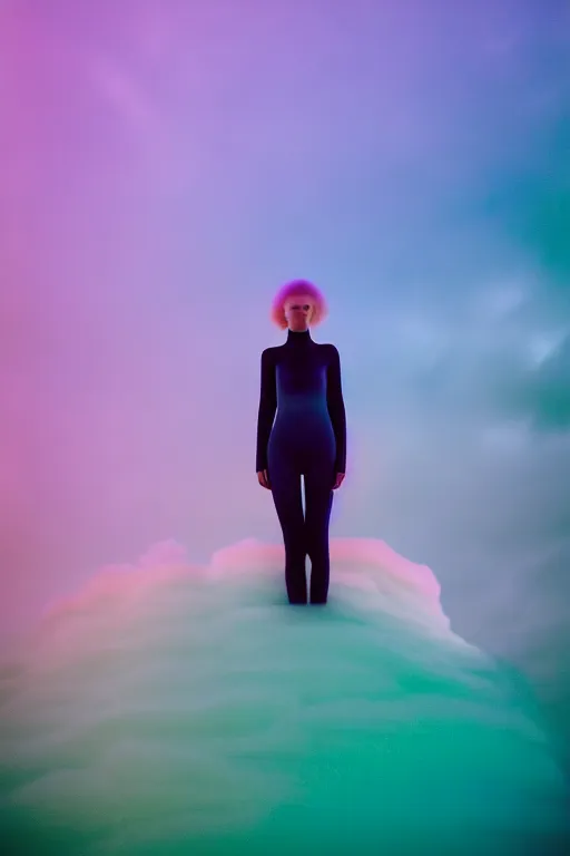 Image similar to high quality pastel coloured film close up wide angle photograph of a model wearing clothing swimming on cloud furniture in a icelandic black rock!! environment in a partially haze filled dreamstate world. three point light, rainbow. photographic production. art directed. pastel colours. volumetric clouds. pastel gradient overlay. waves glitch artefacts. extreme facial clarity. 8 k. filmic.