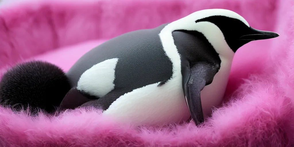 Image similar to realistic penguin sitting in an pink fluffy bed