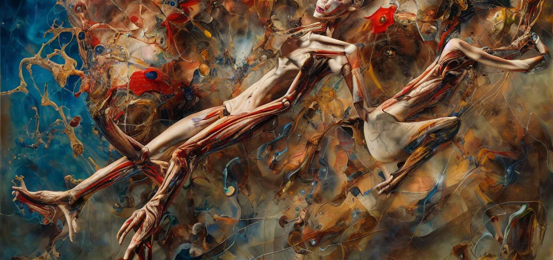 Prompt: abstract, fleshy anatomical skinny figures with extra limbs, hovering in the air, zero gravity, neurons firing, rich colours, karol bak, mark brooks, hauntingly surreal, highly detailed painting by katsuhiro otomo, part by james jean, part by adrian ghenie, part by gerhard richter, soft light 4 k