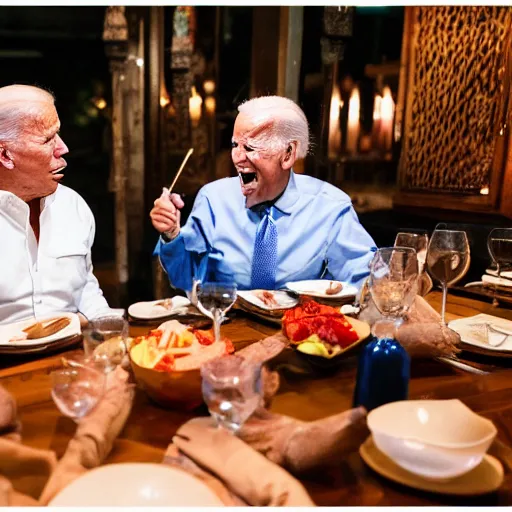 Image similar to Trump and Biden having dinner at a fancy Balinese restaurant, award winning photography, 85mm, perfect faces