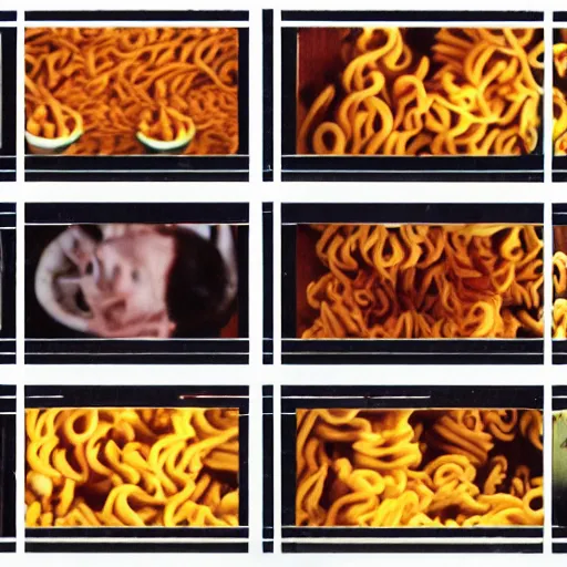 Prompt: macaroni fights each other. film strip. 4 frames.