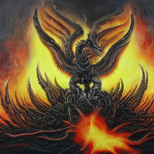 Image similar to painting by h. r. giger, phoenix rising from the ashes, energetic composition, cloudy, hellfire, brimstone, highly detailed painting, 4 k, extreme rage, wrath
