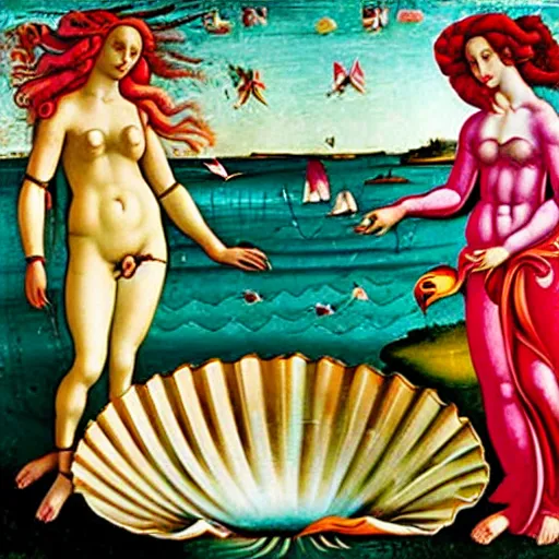 Prompt: birth of venus boticelli. emergeing from a sandwich. venus emerging from sandwich.