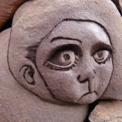 Prompt: Girl with pigtails and purple eyes drawing carved on a rock