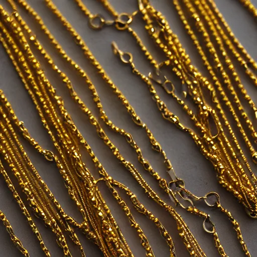 Image similar to a studio photoshoot of a Gold Beaded Chain designed by Tom Sachs, realistic, color film photography by Tlyer Mitchell, 35 mm, graflex