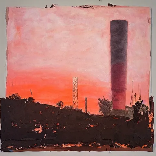 Prompt: “ an anselm kiefer painting of a towering smokestack in a world draped in pink and red and orange fluffy clouds. the smokestack is photorealistic and lit in a gradient from grey to orange, as if lit by a setting sun. viewed from a low angle ”