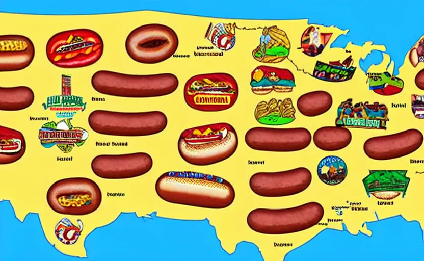 Image similar to hot dogs across america map, detailed, map key, tourist map, brochure