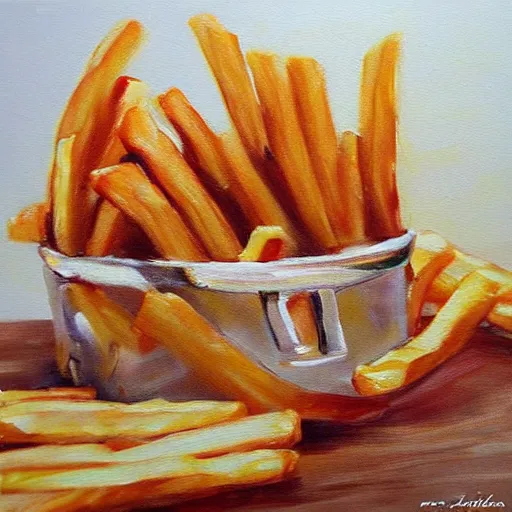 Image similar to realistic painting of french fries with sea salt high - quality trending on art station