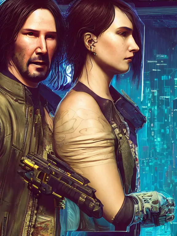 Image similar to a cyberpunk 2077 couple portrait of Keanu Reeves and V,love story,film lighting,by laurie greasley,Lawrence Alma-Tadema,William Morris,Dan Mumford,trending on atrstation,FAN ART,full of color,Digital painting,face enhance,highly detailed,8K, octane,golden ratio,cinematic lighting