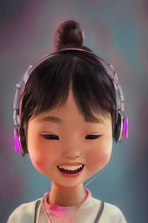 Image similar to a painting of cute Asian girl smiling, scifi headset, in the style of Pixar animation, low angle view, 16mm lens, award winning, hyper detailed, dramatic lighting, artstation, octane renderer, unreal engine