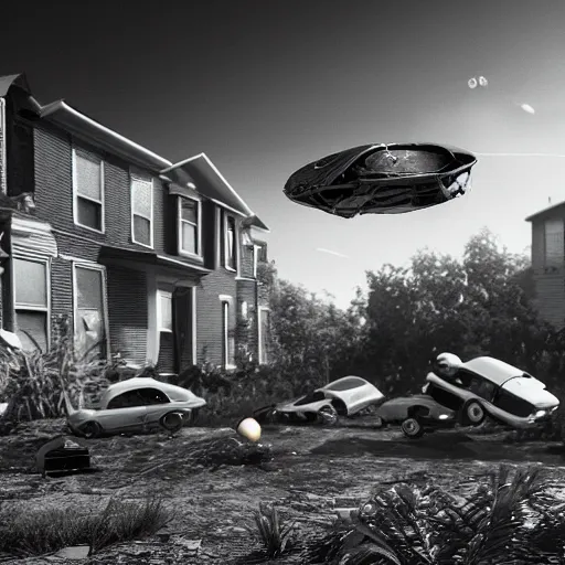 Prompt: a black and white photograph of an unidentified flying object crashing into a neighborhood, little green aliens laying on the ground by alien wreckage, 1 9 8 2 style houses and cars, octane render, hyper realistic - h 1 0 8 8