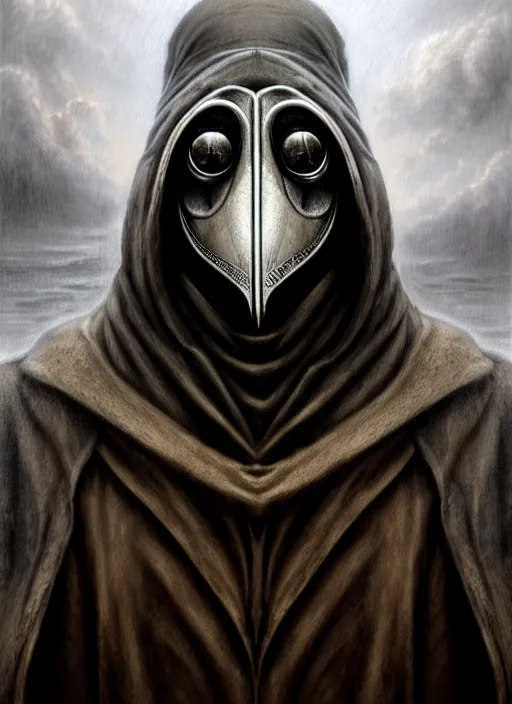 Image similar to closeup portrait shot of a plague doctor in a scenic dystopian environment, intricate, elegant, highly detailed, centered, digital painting, artstation, concept art, smooth, sharp focus, illustration, artgerm, tomasz alen kopera, peter mohrbacher, donato giancola, joseph christian leyendecker, wlop, boris vallejo