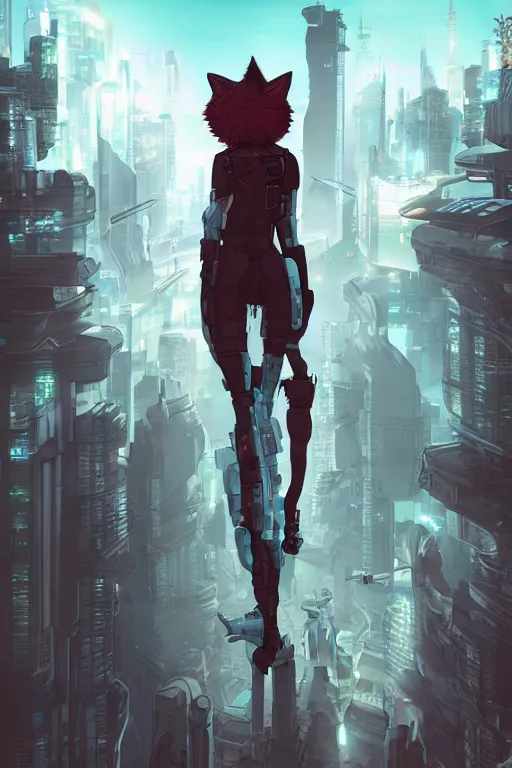 Image similar to a cyberpunk anthropomorphic fox with a fluffy tail staring over a futuristic city from the top of a roof, comic art, trending on furaffinity, cyberpunk, backlighting, cartoon