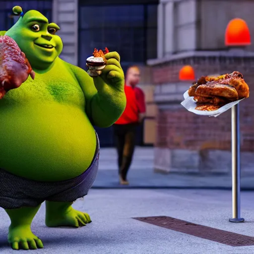 Image similar to fat shrek eating chicken wings outside of mcdonald ’ s in real life, realistic, detailed, 8 k, 4 k uhd, hyper realistic, great detail