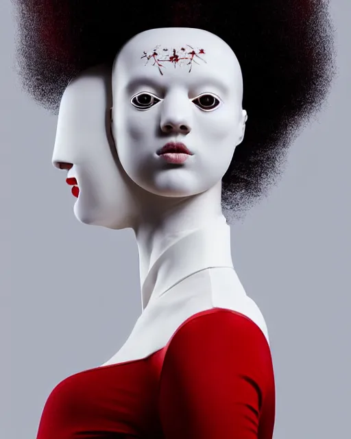 Prompt: symmetrical portrait of a woman wearing a red embroidered translucent silicone mask and white frizzy hair buns, wearing a black bodysuit by alexander mcqueen, cream white background, soft diffused light, biotechnology, humanoide robot, futuristic aesthetic, translucent, ethereal, intricate details, highly detailed, masterpiece,