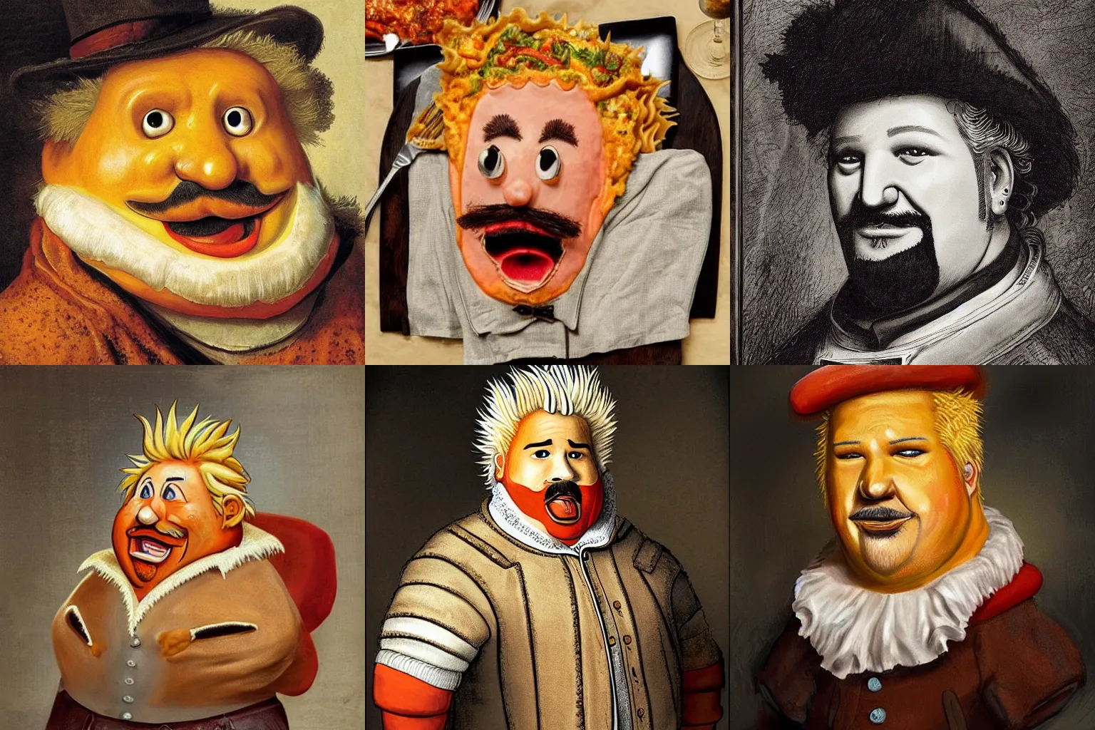 Prompt: anthropomorphic lasagna that looks like guy fieri, by rembrandt