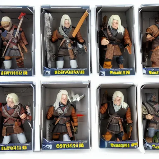 Prompt: Geralt of Rivia action figure and playset from the 1980s