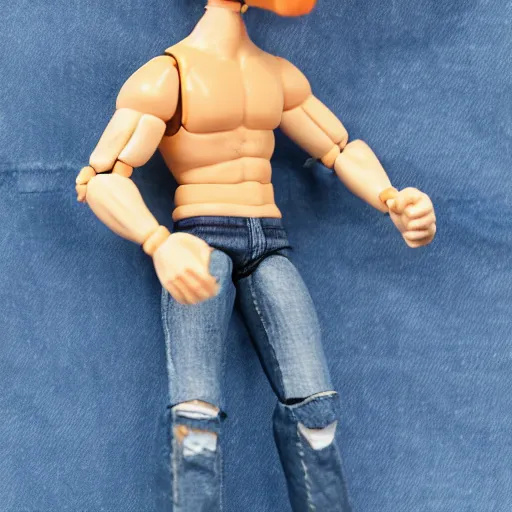 Image similar to action figure of a skinny blonde male wrestler wearing a vr headset and wearing a t - shirt and jeans, high detail, realistic,