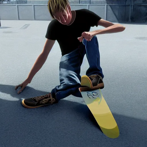 Image similar to tony hawk crying, a giant pair of scissors severs his legs, photograph, hyper realistic, outdoors, midafternoon, 4 k, artstation, unreal engine, cinematic