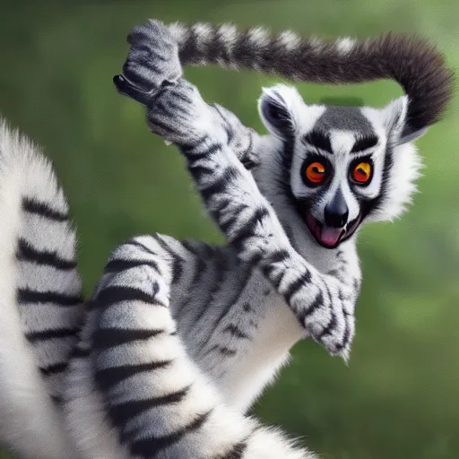 Prompt: ring - tailed lemur doing karate by greg rutkowski and thomas kinkade, trending on artstation, 3 d render octane