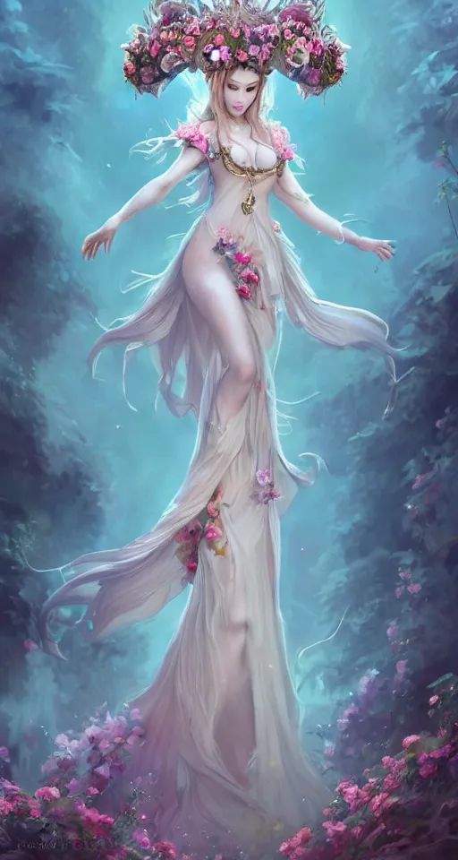 Prompt: A beautiful fantasy empress, full body, just one head, flower tiara, long hair, wearing dramatic aristocrat robe, delicate figure, field of fantasy flowers, foxes and deer, epic composition, ultra wide-shot, dynamic pose, concept art, beautifully lit, digital painting, smooth, character design, sharp focus, elegant, intricate, trending on artstation, by WLOP and James Jean and Victo Ngai