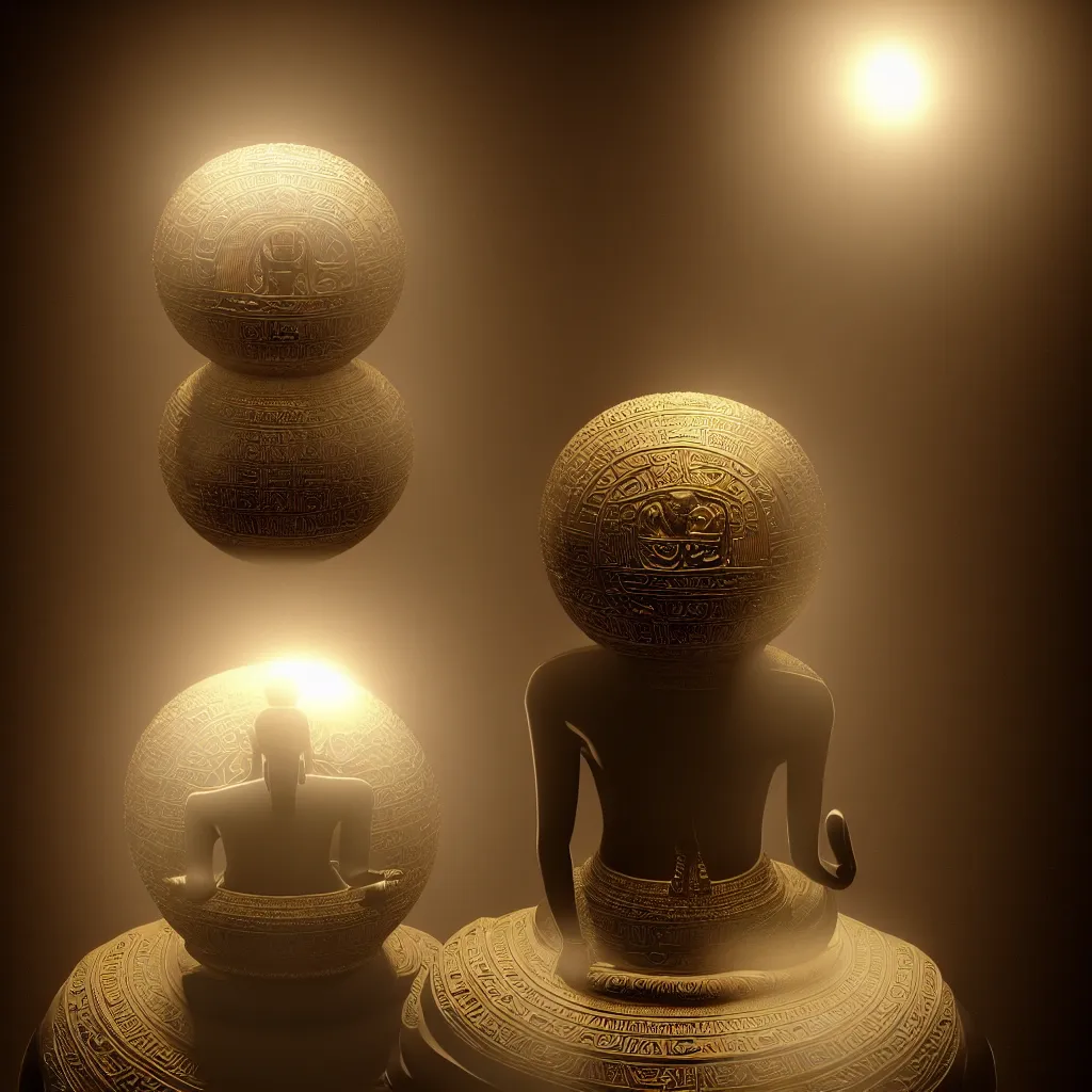 Image similar to meditating buddha sitting inside intricate sacred egyptian art orb, floating in a void surrounded by a parhelion sundog in volumetric lighting., ornate, photorealistic, ultra detailed, octane render, high definition, latent space, depth of field, bokeh, 8 k, artstation, cgsociety