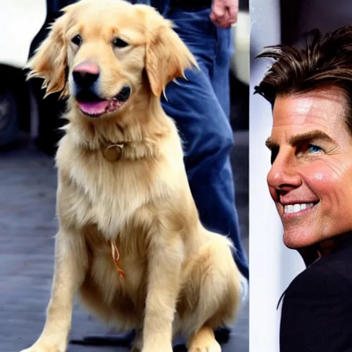 Prompt: a golden retriever with the head of tom cruise wearing a suit