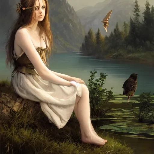 Image similar to Cute young Harpy with bird wings and legs, wearing medieval clothes, sad expression, sitting at a pond, mountainous area, trees in the background, oil painting, by Greg Rutkowski