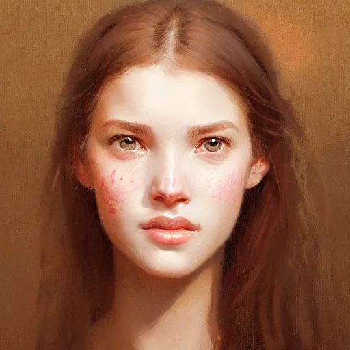 Image similar to Facial portrait of a cute shy girl, looking at the camera, slight awkward smile, lips slightly parted, no hands visible, blushing, intricate, extremely detailed painting by Greg Rutkowski and by Henry Justice Ford and by Steve Henderson and Moebius