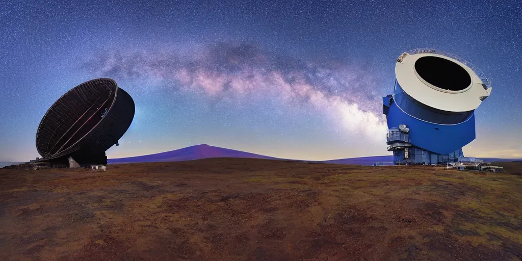 Prompt: huge telescope on mauna kea, big telescope in front, starry sky in background, blue color scheme, wide - angle lens, by hasui kawase