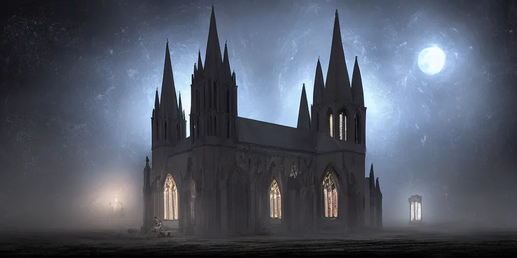 Image similar to Behind the tall and delicate gothic church at night, there is a huge delicate metal astrolabe in the moonlight, with ghosts floating in the foreground, scifi, interior, concept art, sharp focus, cinematic shot, crepuscular ray, digital art, steve argyle, light through the mist, dramatic lighting, photorealistic, cinematic lighting, high detail, cinematic feel, high octane, 4K, Unreal Engine, digital render, intricate, ultra realistic, by Dali, peter Mohrbacher, Davi Blight, Zdzislaw Beksinski