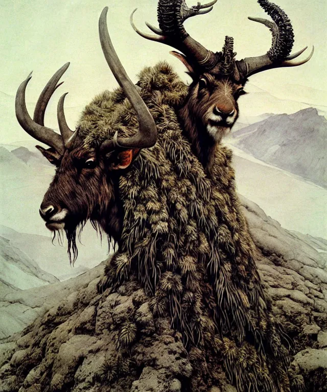 Prompt: A detailed horned antelopeman stands among the hills. Wearing a ripped mantle, robe. Extremely high details, realistic, fantasy art, solo, masterpiece, art by Zdzisław Beksiński, Arthur Rackham, Dariusz Zawadzki