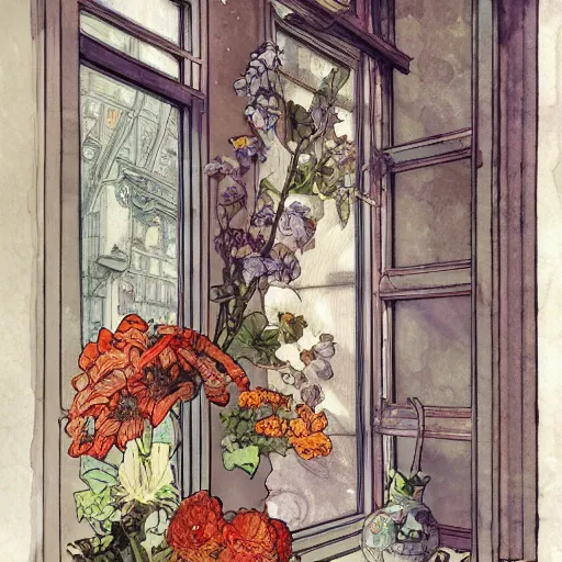 Prompt: a beautiful intricate watercolor illustration of a flower still life in a windows, 4 k, ultra - wide angle, by william turner, by victo ngai, by alphonse mucha, by miho hirano, hd, trending on artstation, hyper detailed, muted colors