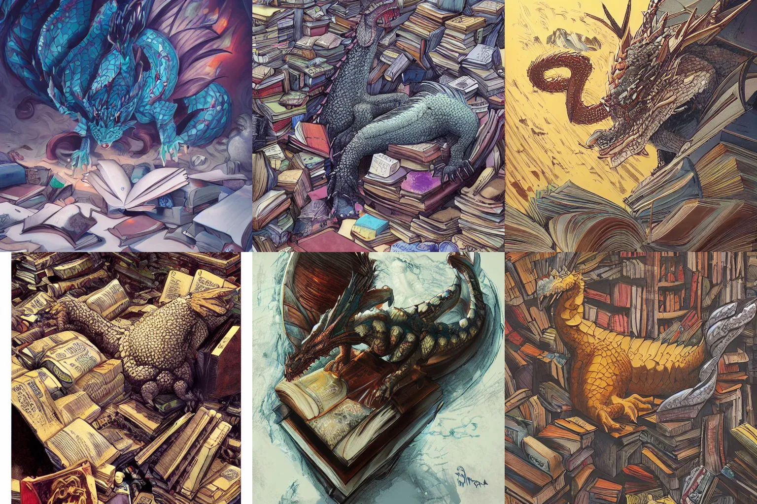 A huge dragon sleeping on a hoard of books, by Randy, Stable Diffusion