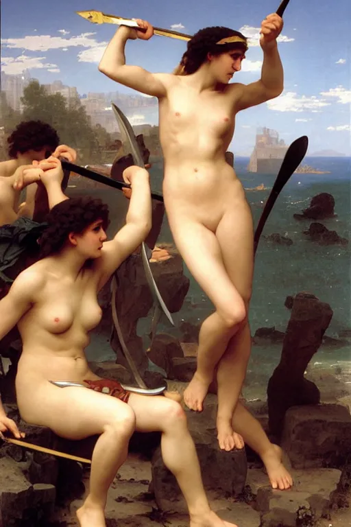 Prompt: battling Spartans against Cyclops in the style of  William Adolphe Bouguereau